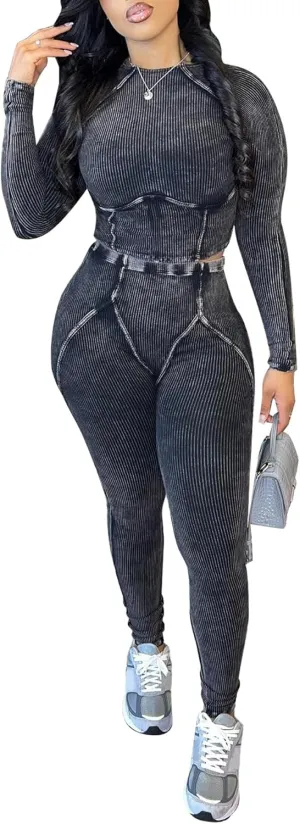 Women Casual Workout 2 Piece Sets Ribbed Elastic Long Sleeve Crop Top High Waisted Leggings Lounge Gym Outfits