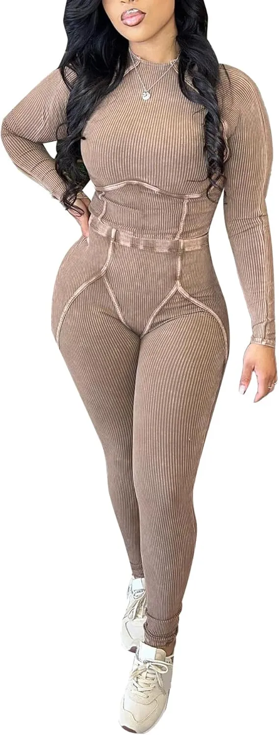 Women Casual Workout 2 Piece Sets Ribbed Elastic Long Sleeve Crop Top High Waisted Leggings Lounge Gym Outfits