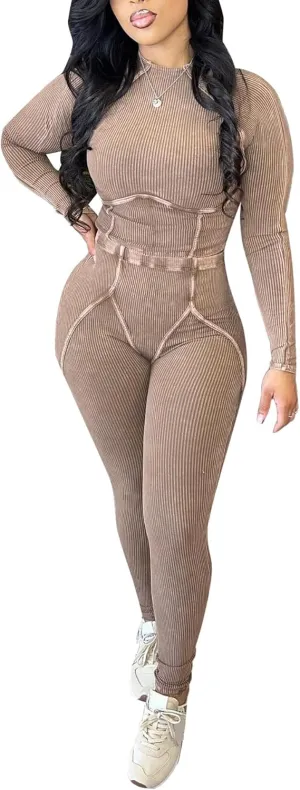 Women Casual Workout 2 Piece Sets Ribbed Elastic Long Sleeve Crop Top High Waisted Leggings Lounge Gym Outfits