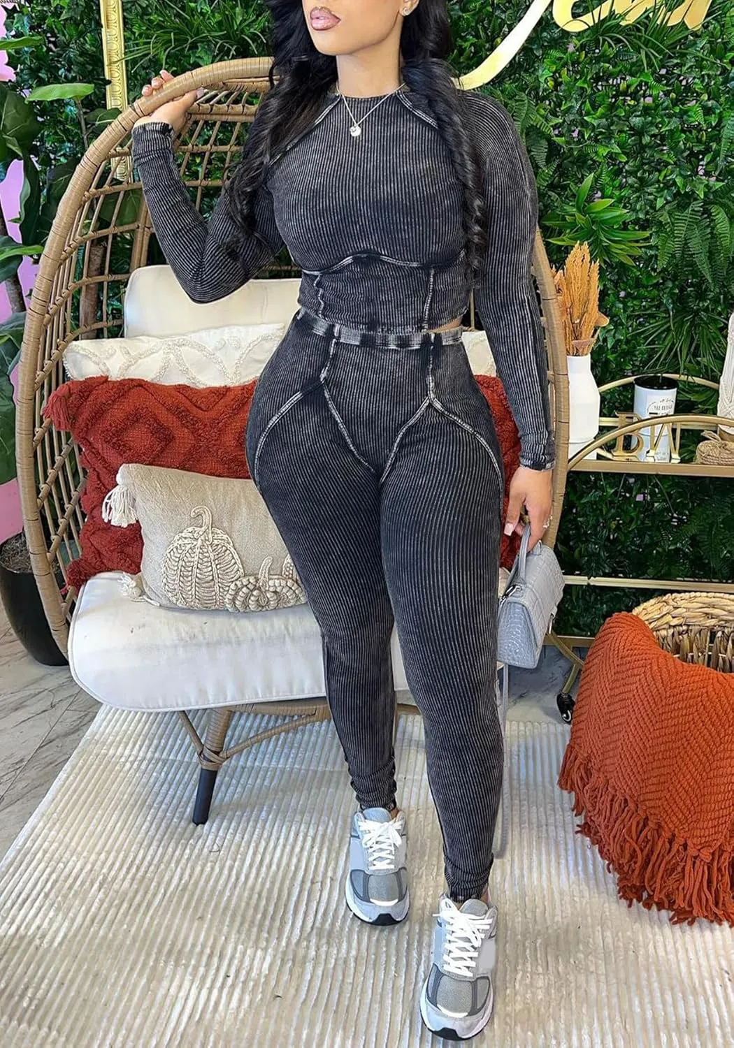 Women Casual Workout 2 Piece Sets Ribbed Elastic Long Sleeve Crop Top High Waisted Leggings Lounge Gym Outfits