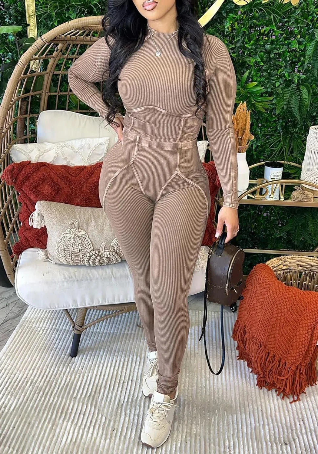 Women Casual Workout 2 Piece Sets Ribbed Elastic Long Sleeve Crop Top High Waisted Leggings Lounge Gym Outfits