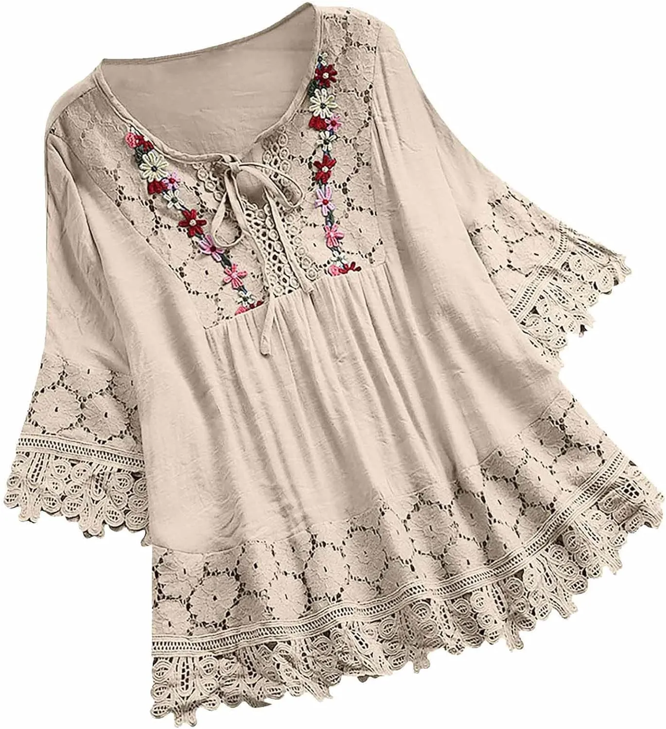Women Cotton Linen Embroidered Tops Loose 3/4 Sleeve Shirt Dressy Casual Boho Tunic Summer Lace Peasant Blouses