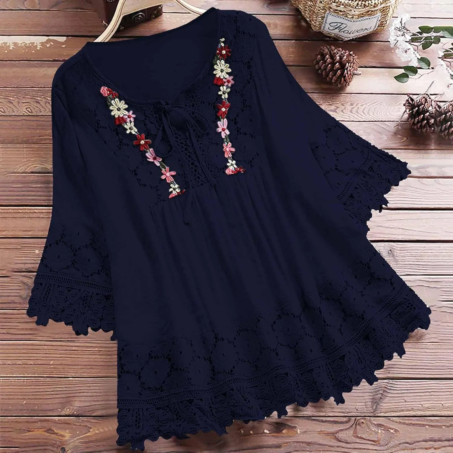 Women Cotton Linen Embroidered Tops Loose 3/4 Sleeve Shirt Dressy Casual Boho Tunic Summer Lace Peasant Blouses