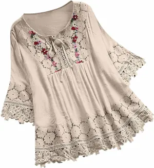 Women Cotton Linen Embroidered Tops Loose 3/4 Sleeve Shirt Dressy Casual Boho Tunic Summer Lace Peasant Blouses