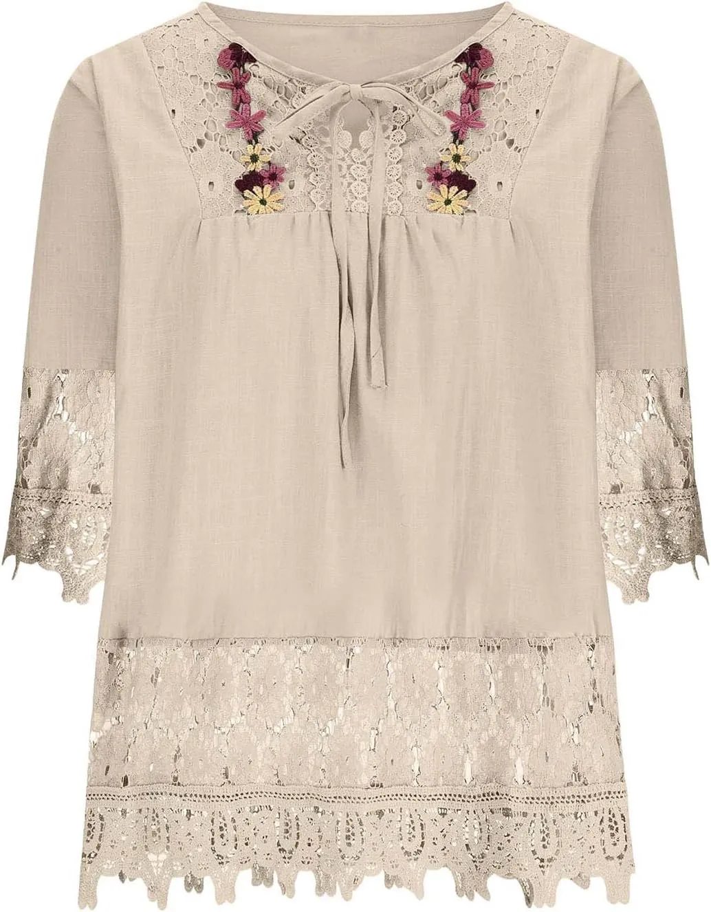 Women Cotton Linen Embroidered Tops Loose 3/4 Sleeve Shirt Dressy Casual Boho Tunic Summer Lace Peasant Blouses