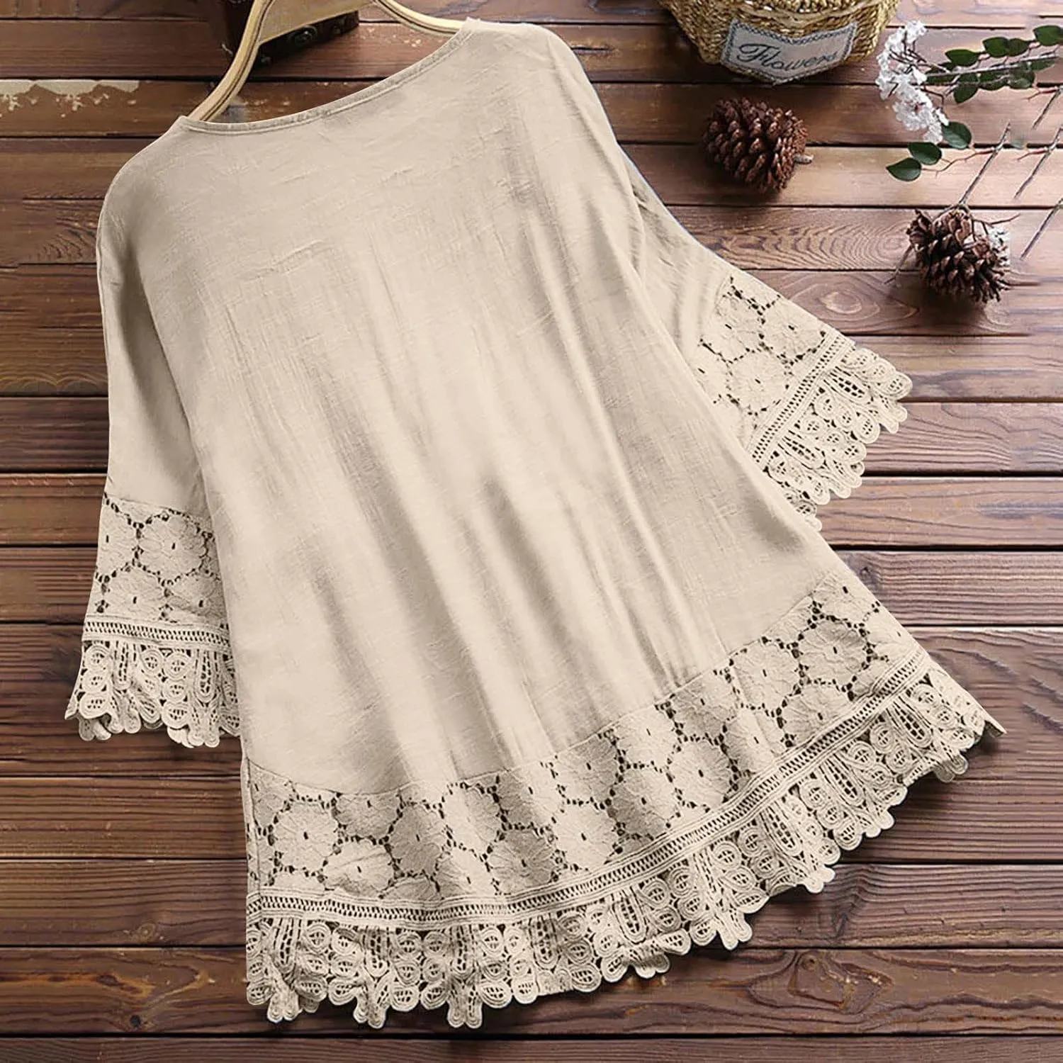 Women Cotton Linen Embroidered Tops Loose 3/4 Sleeve Shirt Dressy Casual Boho Tunic Summer Lace Peasant Blouses