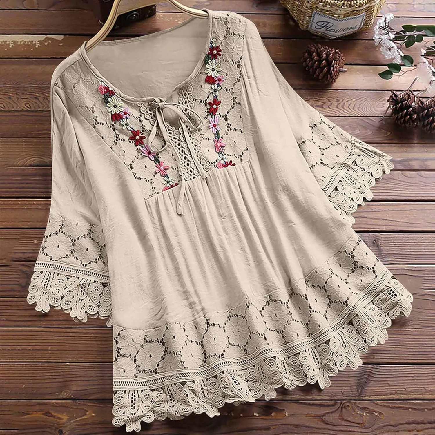 Women Cotton Linen Embroidered Tops Loose 3/4 Sleeve Shirt Dressy Casual Boho Tunic Summer Lace Peasant Blouses