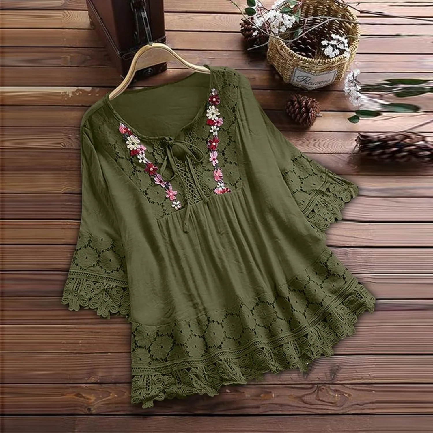 Women Cotton Linen Embroidered Tops Loose Fit Tunic 3/4 Sleeve Summer Blouse Shirts Boho Casual Trendy Clothes