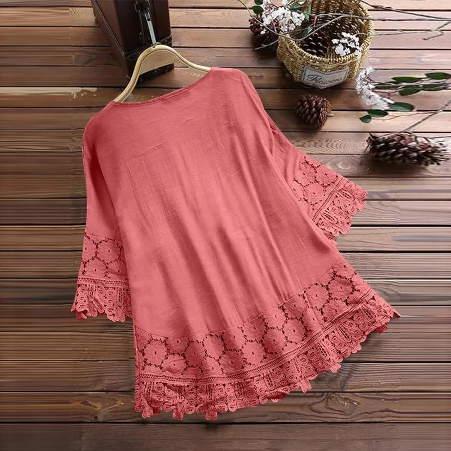 Women Cotton Linen Embroidered Tops Loose Fit Tunic 3/4 Sleeve Summer Blouse Shirts Boho Casual Trendy Clothes