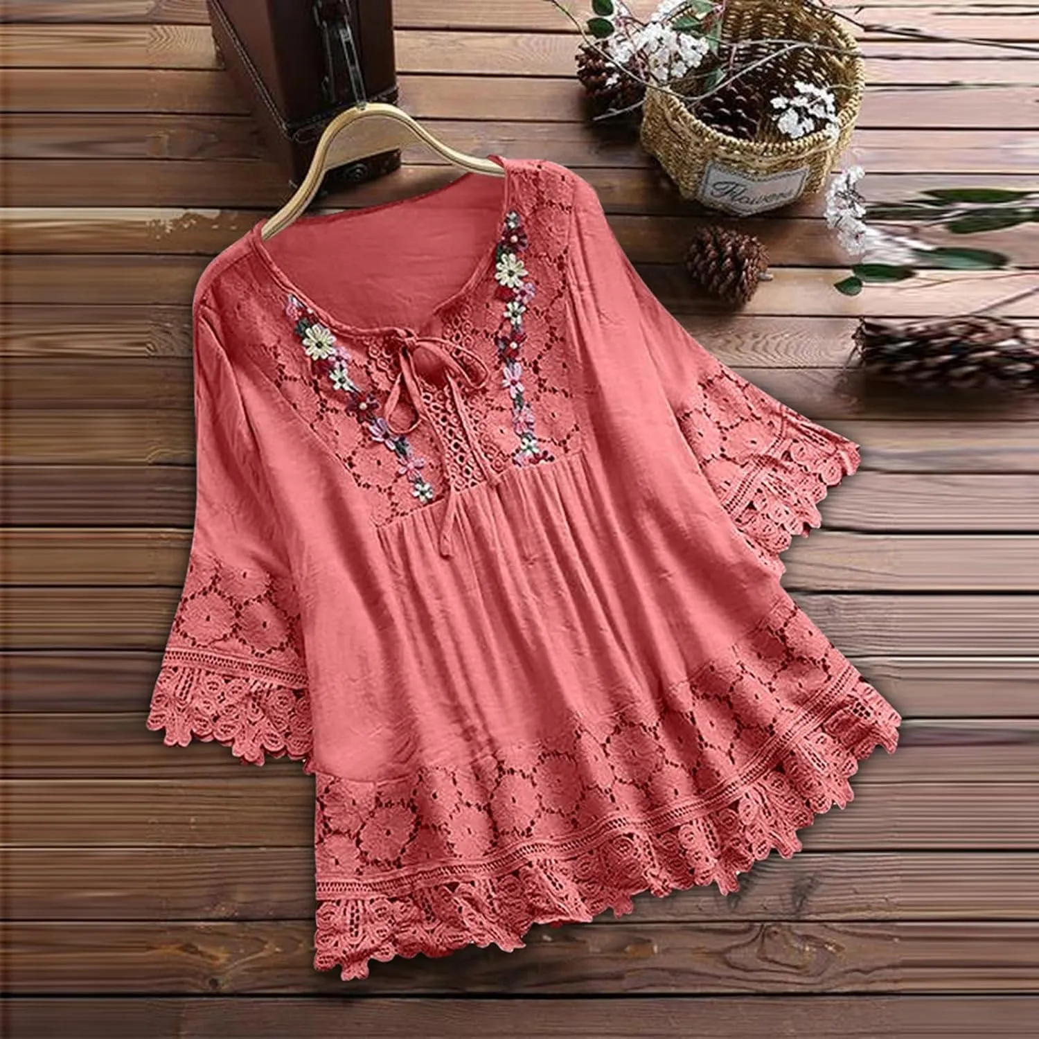Women Cotton Linen Embroidered Tops Loose Fit Tunic 3/4 Sleeve Summer Blouse Shirts Boho Casual Trendy Clothes