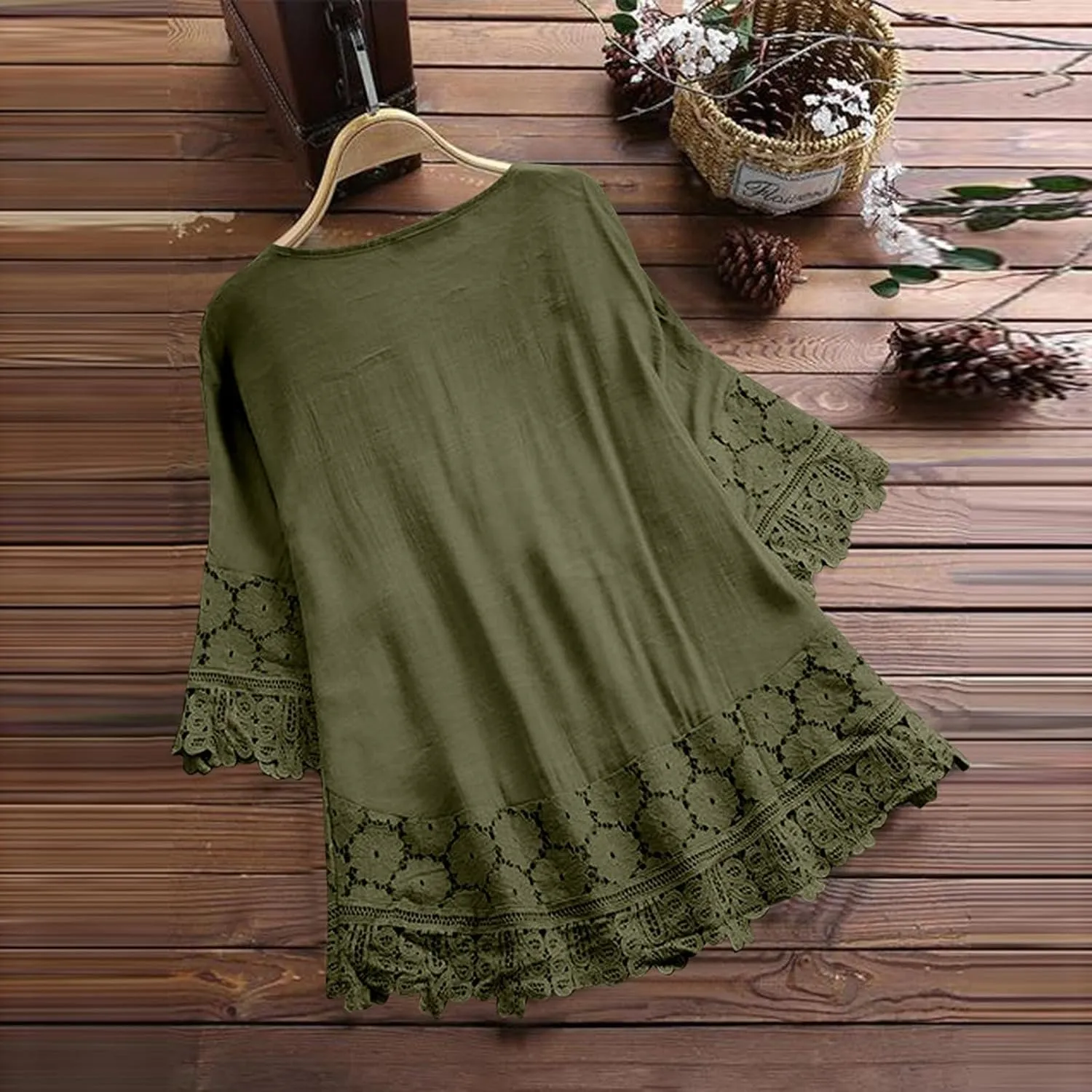 Women Cotton Linen Embroidered Tops Loose Fit Tunic 3/4 Sleeve Summer Blouse Shirts Boho Casual Trendy Clothes