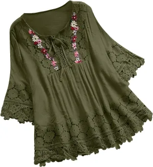 Women Cotton Linen Embroidered Tops Loose Fit Tunic 3/4 Sleeve Summer Blouse Shirts Boho Casual Trendy Clothes