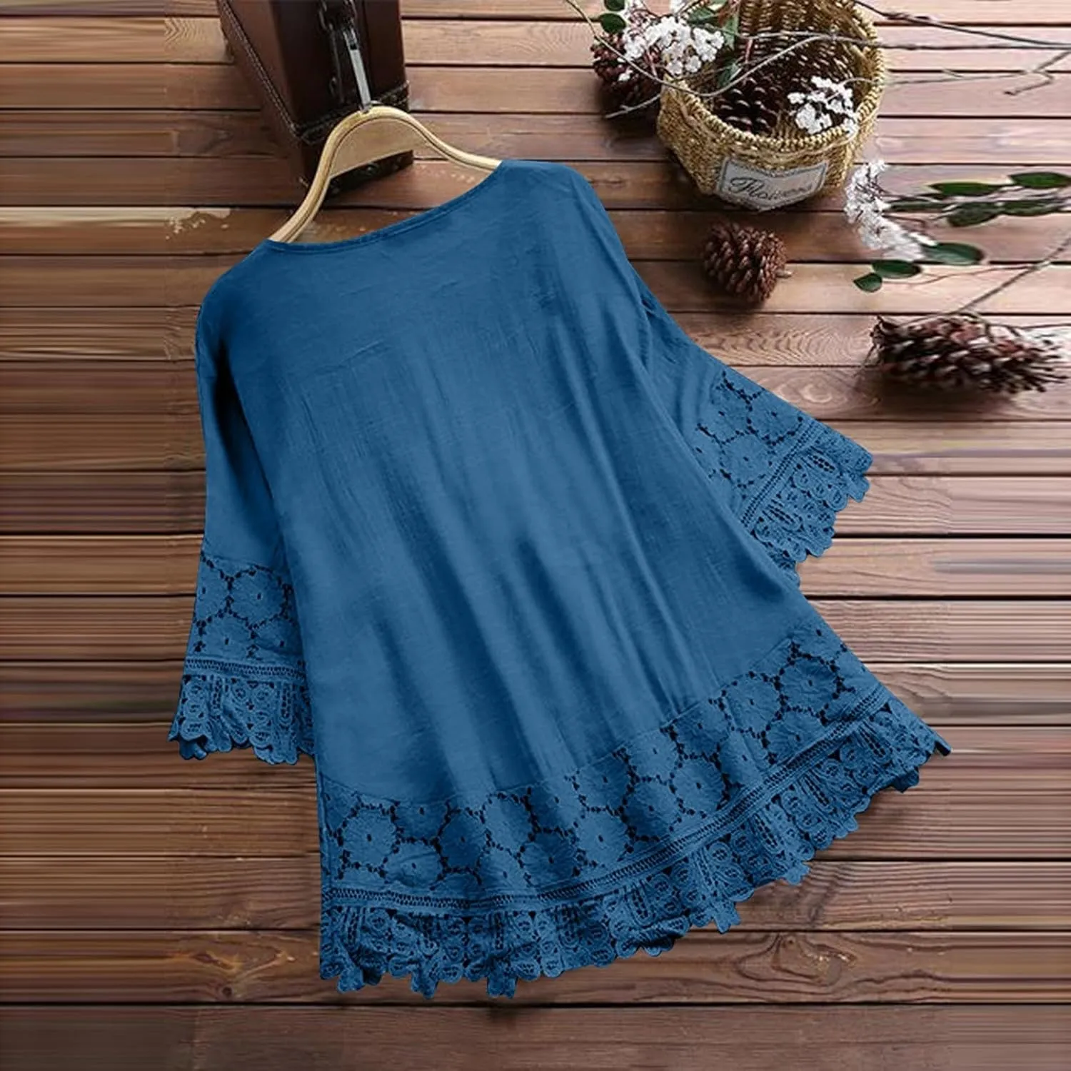 Women Cotton Linen Embroidered Tops Loose Fit Tunic 3/4 Sleeve Summer Blouse Shirts Boho Casual Trendy Clothes