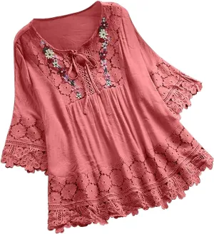 Women Cotton Linen Embroidered Tops Loose Fit Tunic 3/4 Sleeve Summer Blouse Shirts Boho Casual Trendy Clothes