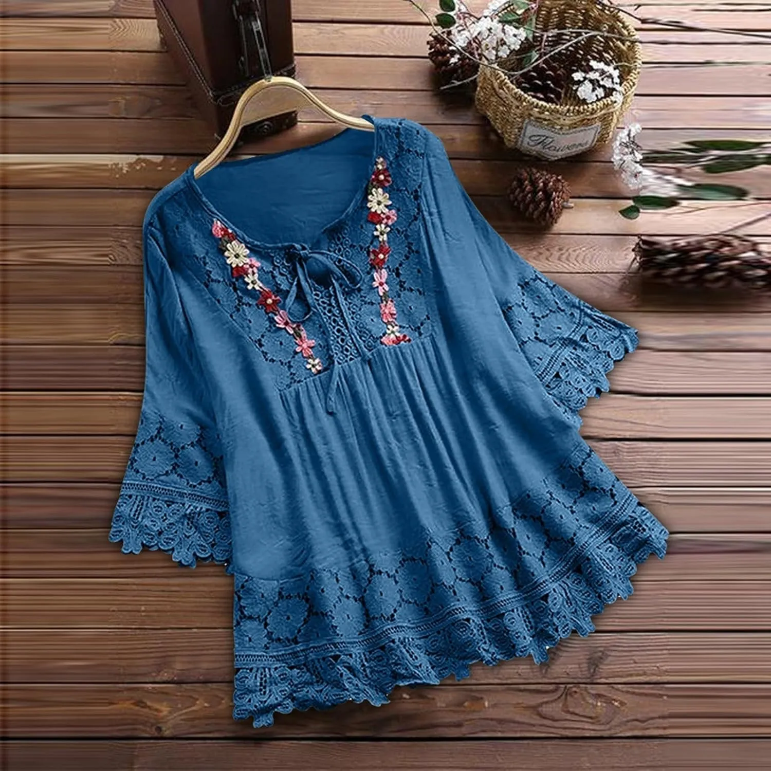 Women Cotton Linen Embroidered Tops Loose Fit Tunic 3/4 Sleeve Summer Blouse Shirts Boho Casual Trendy Clothes