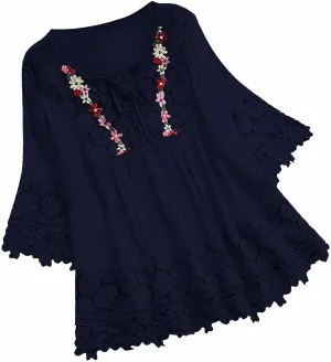 Women Cotton Linen Embroidered Tops Loose Fit Tunic 3/4 Sleeve Summer Blouse Shirts Boho Peasant Trendy Clothes 2024