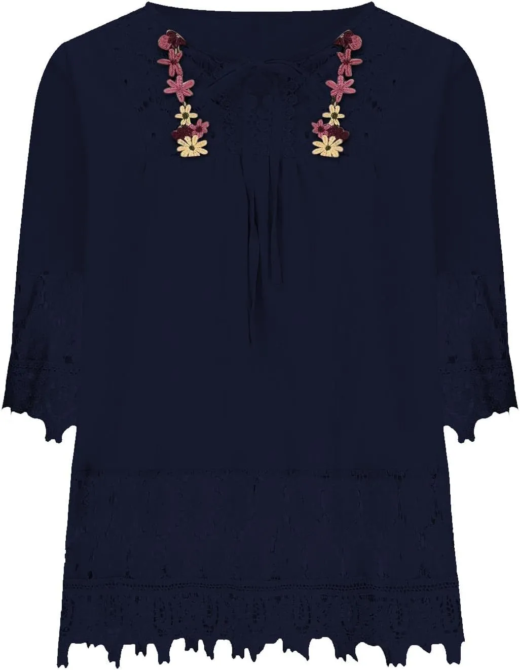 Women Cotton Linen Embroidered Tops Loose Fit Tunic 3/4 Sleeve Summer Blouse Shirts Boho Peasant Trendy Clothes 2024