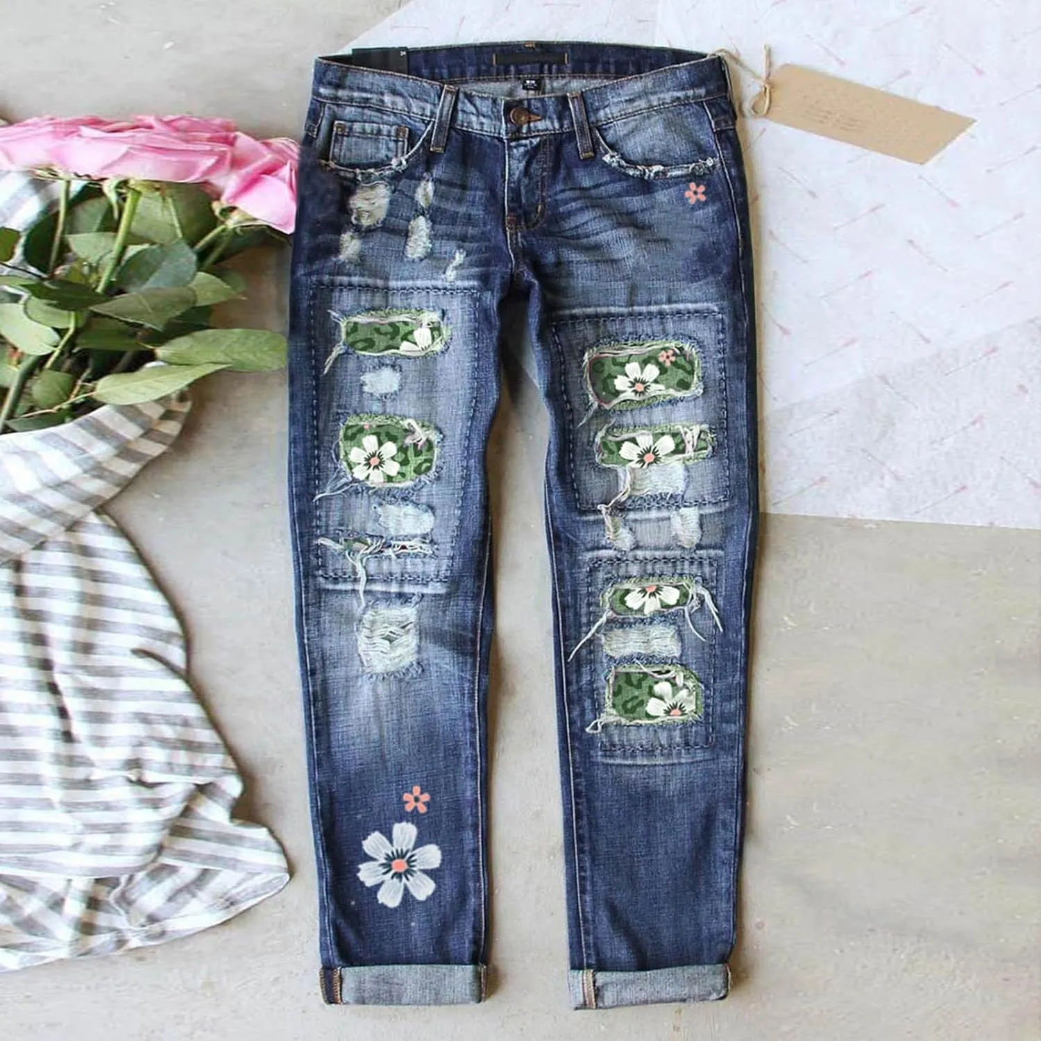 Women Distressed Ripped Jeans Raw Hem Washed Boyfriend Jeans Plaid Patch Straight Leg Denim Pants Stretch Skinny Jean