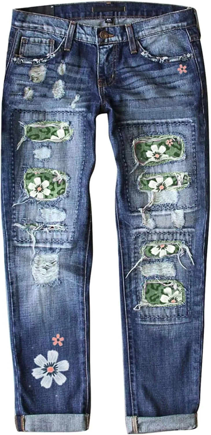 Women Distressed Ripped Jeans Raw Hem Washed Boyfriend Jeans Plaid Patch Straight Leg Denim Pants Stretch Skinny Jean