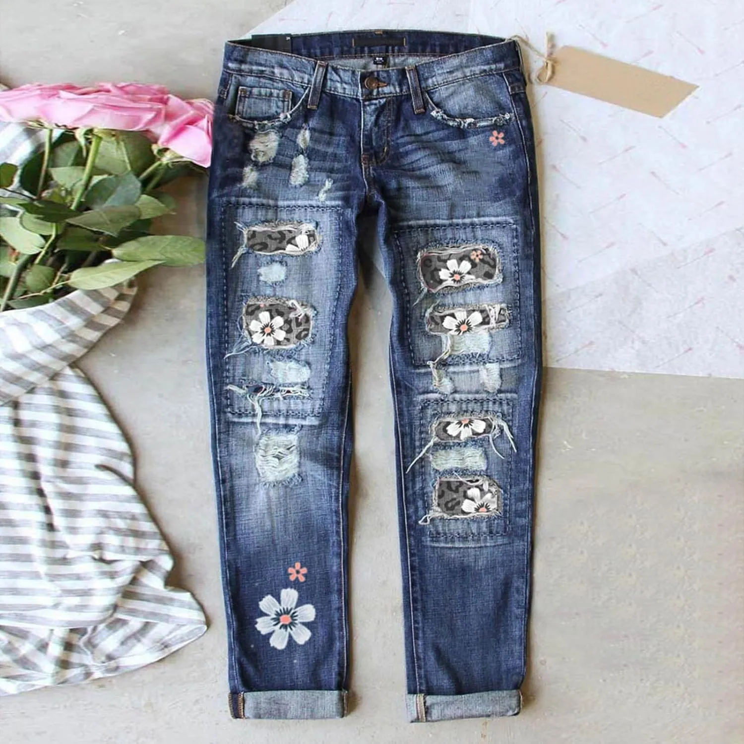 Women Distressed Ripped Jeans Raw Hem Washed Boyfriend Jeans Plaid Patch Straight Leg Denim Pants Stretch Skinny Jean