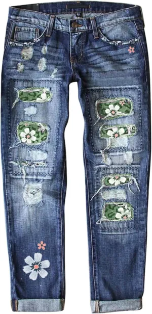 Women Distressed Ripped Jeans Raw Hem Washed Boyfriend Jeans Plaid Patch Straight Leg Denim Pants Stretch Skinny Jean