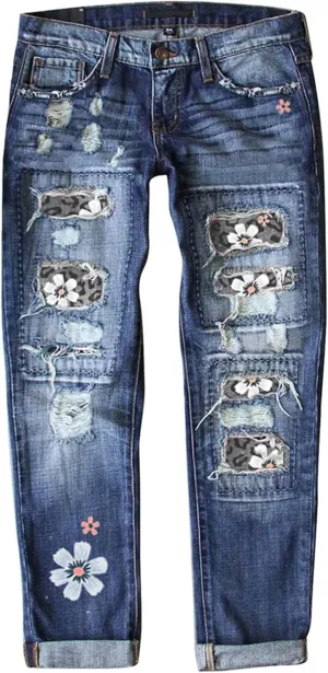 Women Distressed Ripped Jeans Raw Hem Washed Boyfriend Jeans Plaid Patch Straight Leg Denim Pants Stretch Skinny Jean