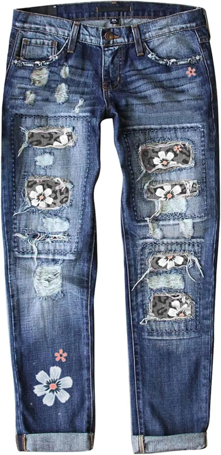 Women Distressed Ripped Jeans Raw Hem Washed Boyfriend Jeans Plaid Patch Straight Leg Denim Pants Stretch Skinny Jean