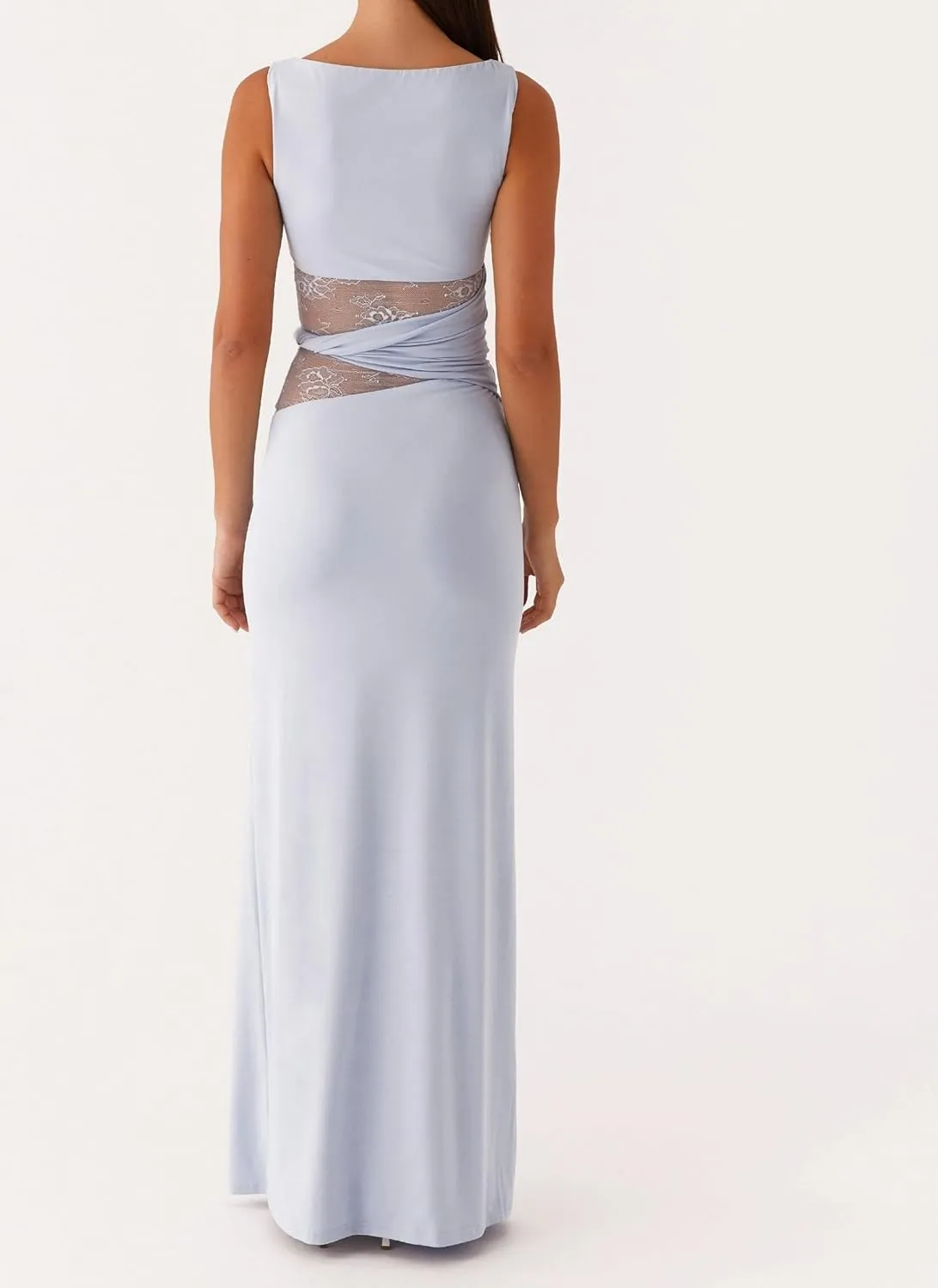 Women Elegant Lace Patchwork Slip Maxi Dress Strappy Cut Out Slim Fit Long Dress Sleeveless Bodycon Cocktail Sundress