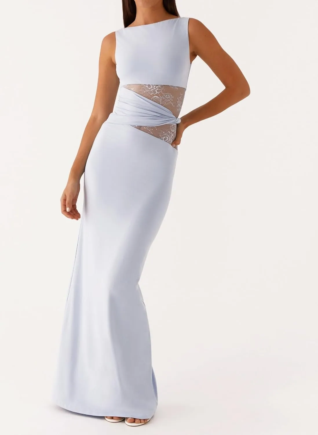 Women Elegant Lace Patchwork Slip Maxi Dress Strappy Cut Out Slim Fit Long Dress Sleeveless Bodycon Cocktail Sundress