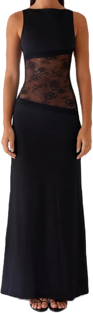 Women Elegant Lace Patchwork Slip Maxi Dress Strappy Cut Out Slim Fit Long Dress Sleeveless Bodycon Cocktail Sundress
