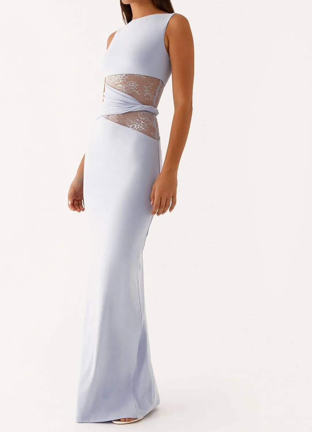 Women Elegant Lace Patchwork Slip Maxi Dress Strappy Cut Out Slim Fit Long Dress Sleeveless Bodycon Cocktail Sundress