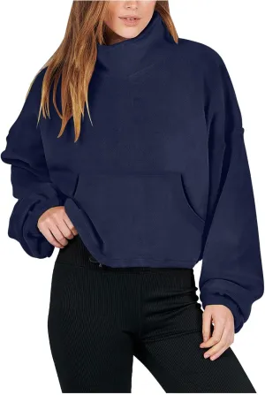Women Long Sleeve Cropped Sweatshirt Trending Now 2023 Fall Winter Casual Stand Collar Fleece Pullovers with Pockets