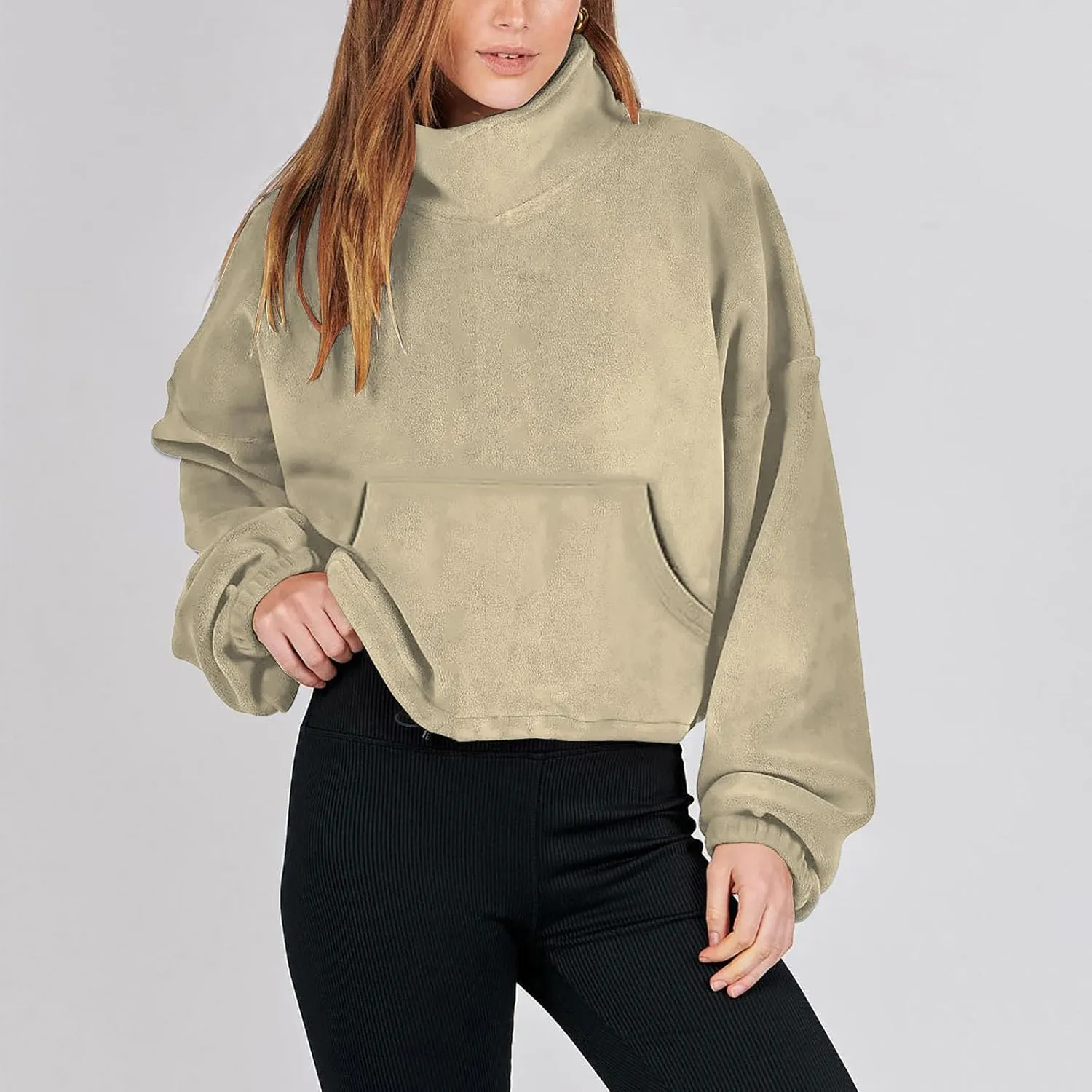 Women Long Sleeve Cropped Sweatshirt Trending Now 2023 Fall Winter Casual Stand Collar Fleece Pullovers with Pockets