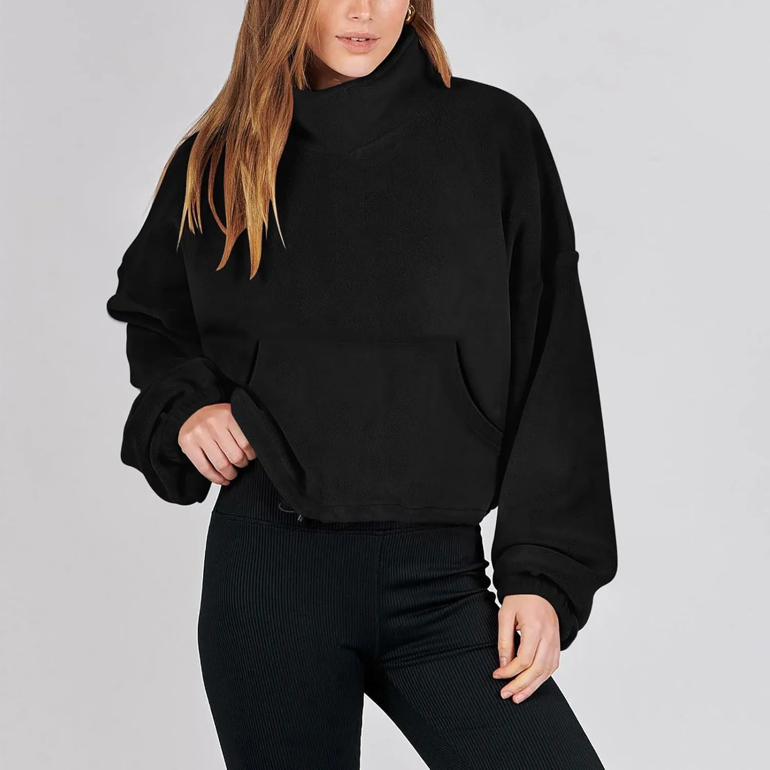 Women Long Sleeve Cropped Sweatshirt Trending Now 2023 Fall Winter Casual Stand Collar Fleece Pullovers with Pockets