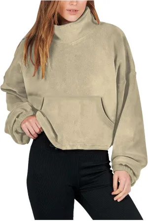Women Long Sleeve Cropped Sweatshirt Trending Now 2023 Fall Winter Casual Stand Collar Fleece Pullovers with Pockets