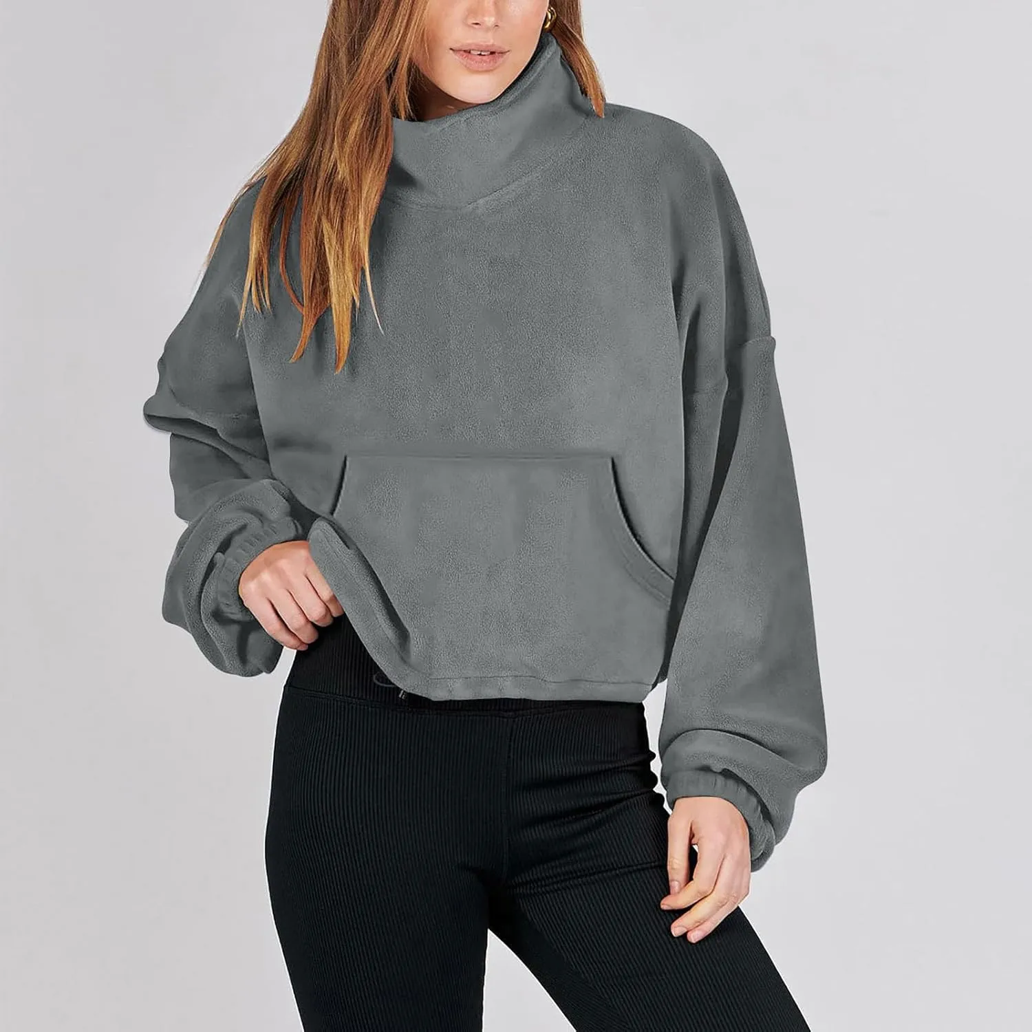 Women Long Sleeve Cropped Sweatshirt Trending Now 2023 Fall Winter Casual Stand Collar Fleece Pullovers with Pockets