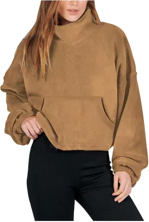 Women Long Sleeve Cropped Sweatshirt Trending Now 2023 Fall Winter Casual Stand Collar Fleece Pullovers with Pockets