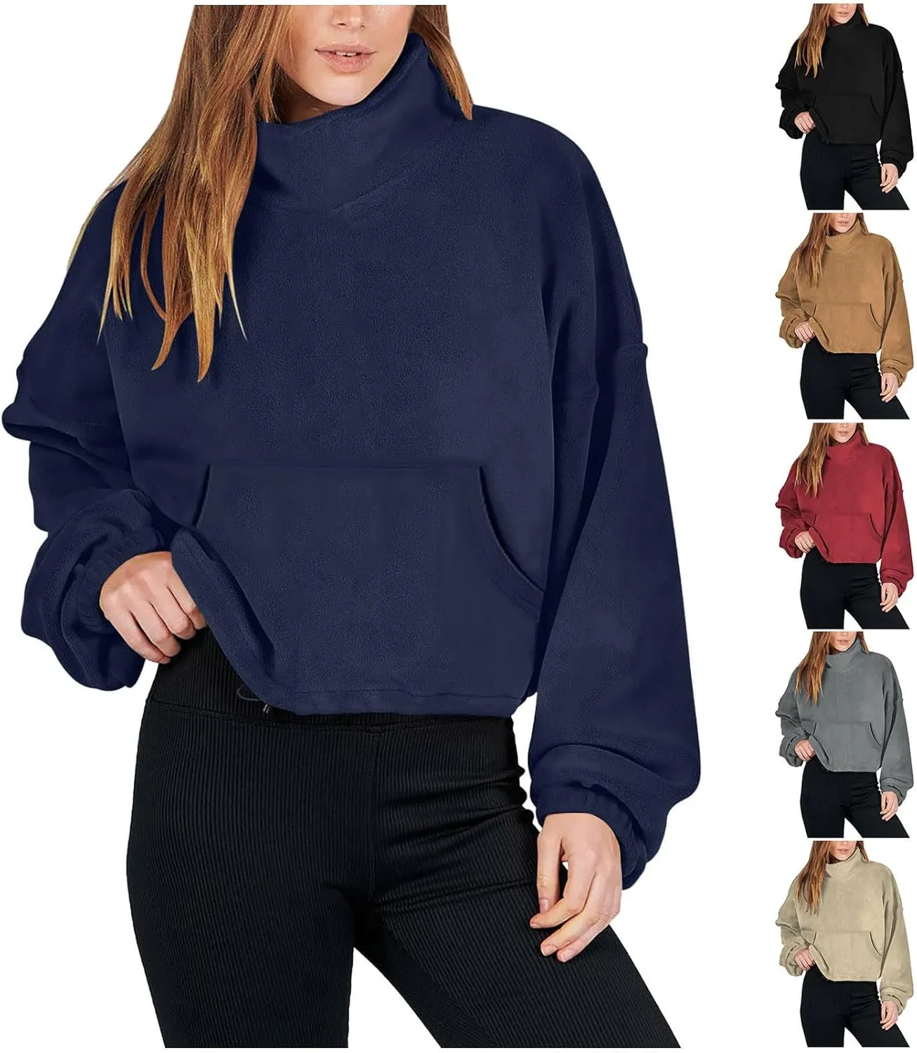 Women Long Sleeve Cropped Sweatshirt Trending Now 2023 Fall Winter Casual Stand Collar Fleece Pullovers with Pockets