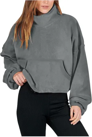 Women Long Sleeve Cropped Sweatshirt Trending Now 2023 Fall Winter Casual Stand Collar Fleece Pullovers with Pockets