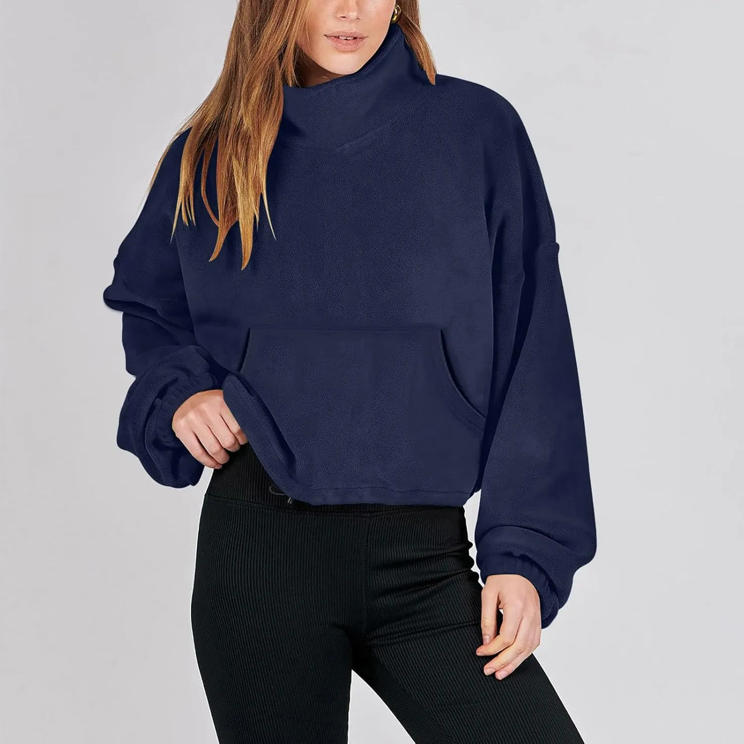 Women Long Sleeve Cropped Sweatshirt Trending Now 2023 Fall Winter Casual Stand Collar Fleece Pullovers with Pockets