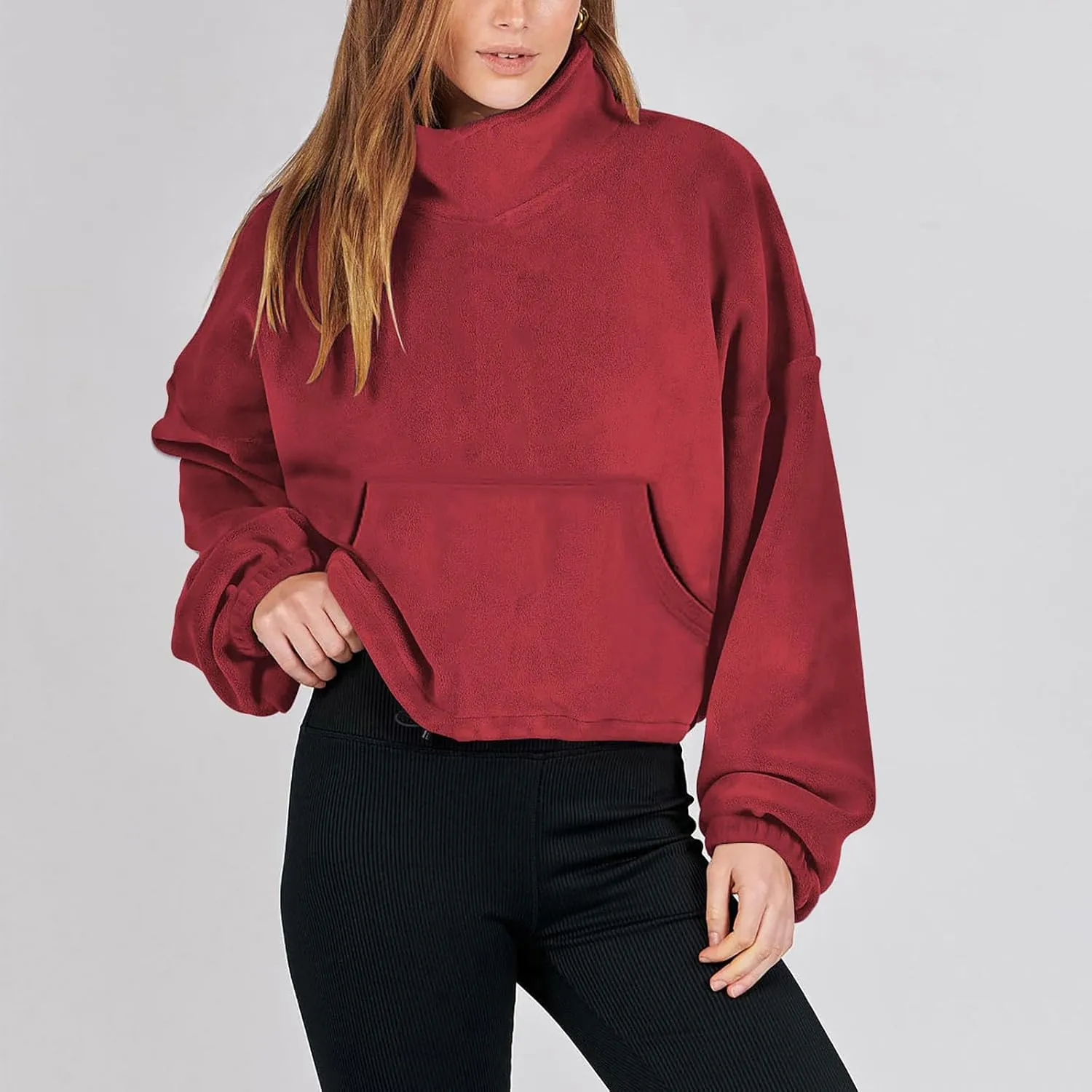 Women Long Sleeve Cropped Sweatshirt Trending Now 2023 Fall Winter Casual Stand Collar Fleece Pullovers with Pockets