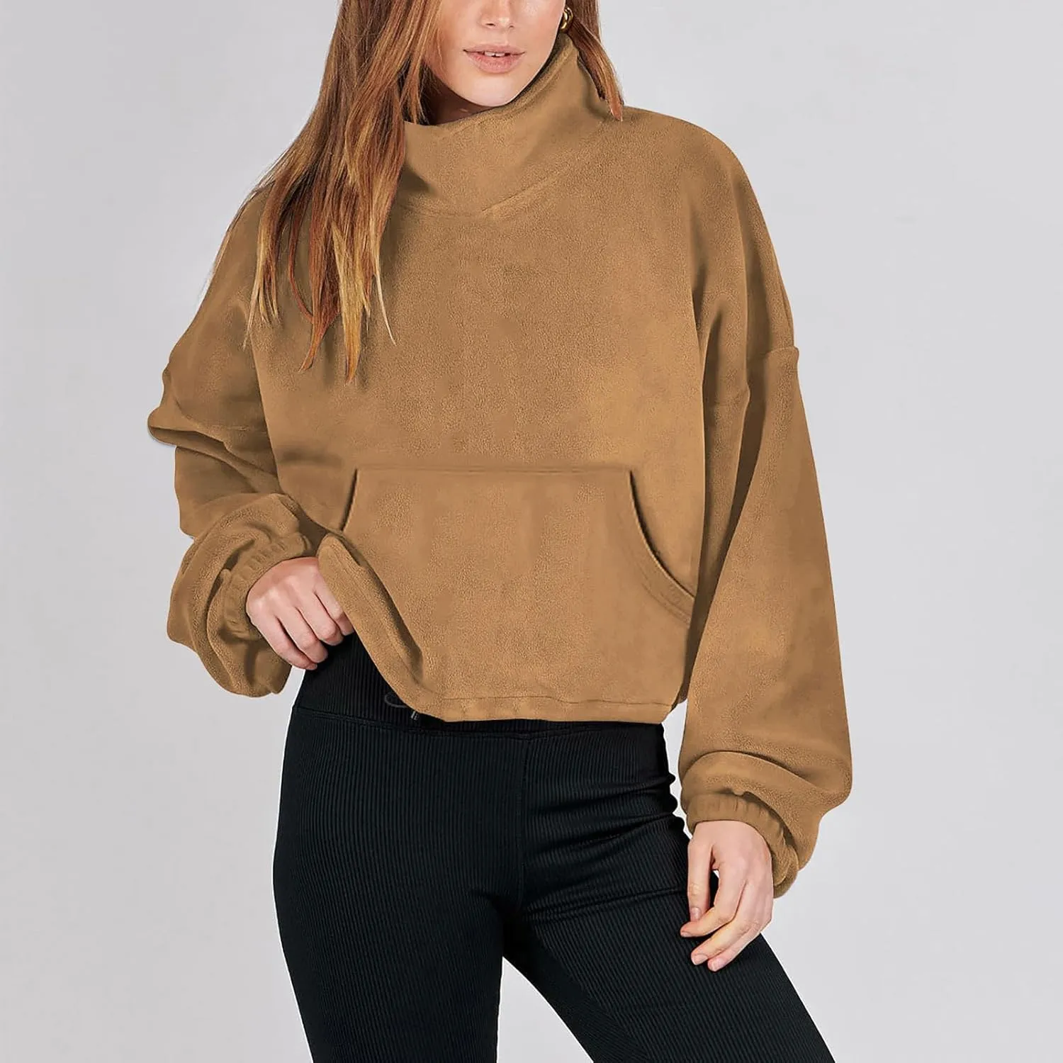 Women Long Sleeve Cropped Sweatshirt Trending Now 2023 Fall Winter Casual Stand Collar Fleece Pullovers with Pockets