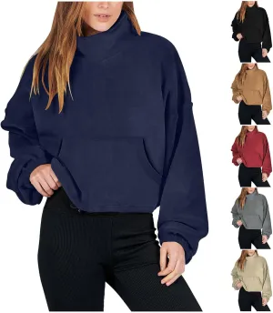 Women Long Sleeve Cropped Sweatshirt Trending Now 2023 Fall Winter Casual Stand Collar Fleece Pullovers with Pockets