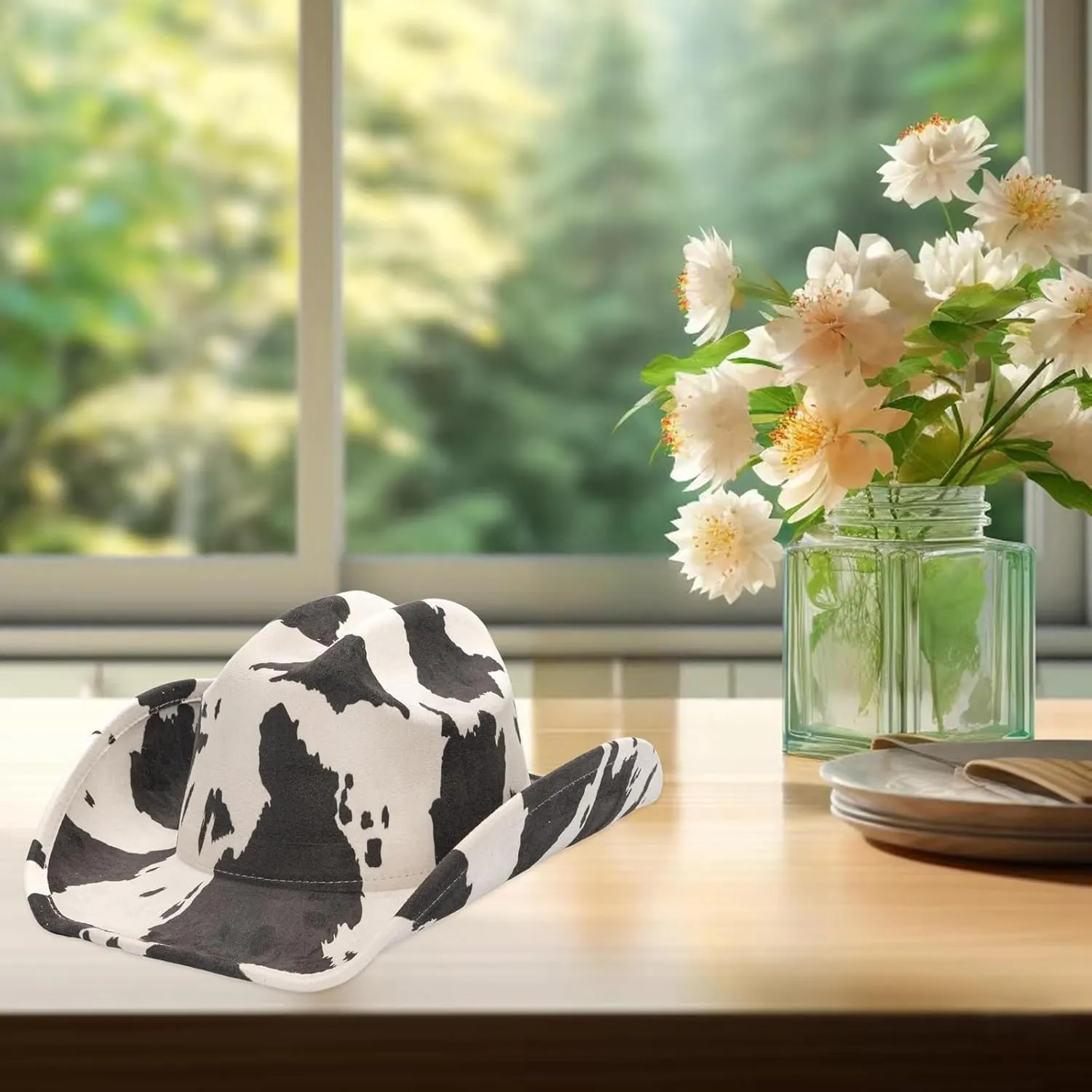 Women Men Suede Cowgirl Hat Cow Print Wide Brim Western Hats for Wedding Rave Party Travel Accessories