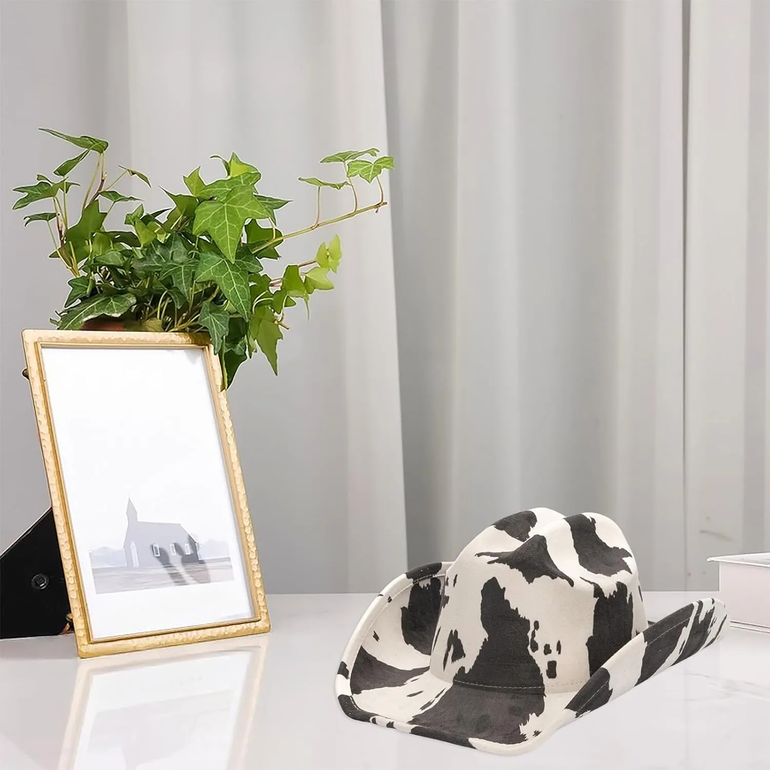 Women Men Suede Cowgirl Hat Cow Print Wide Brim Western Hats for Wedding Rave Party Travel Accessories