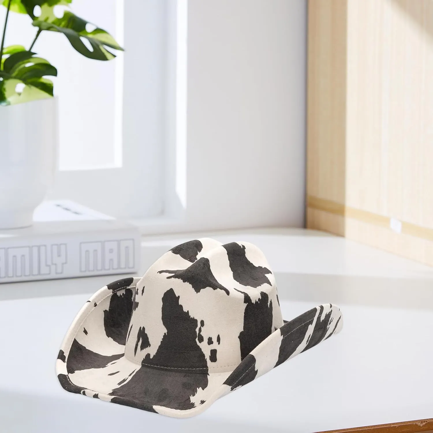Women Men Suede Cowgirl Hat Cow Print Wide Brim Western Hats for Wedding Rave Party Travel Accessories