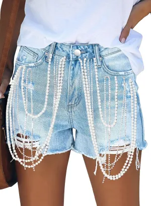 Women Mid Rise Ripped Jean Shorts Casual Stretchy Denim Shorts Frayed Raw Hem