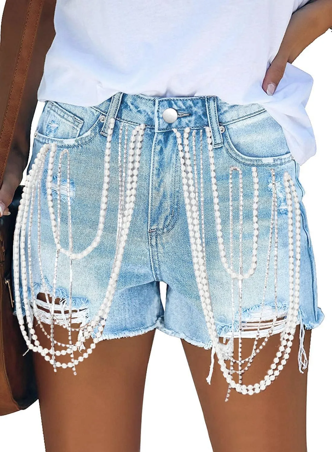 Women Mid Rise Ripped Jean Shorts Casual Stretchy Denim Shorts Frayed Raw Hem