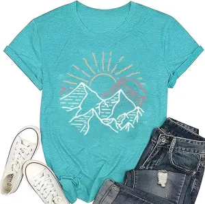 Women Mountain Shirts and So The Adventure Begins Tshirt Sunshine Moon Nature Pine Graphic Tees Heart Let's Go Find It Top
