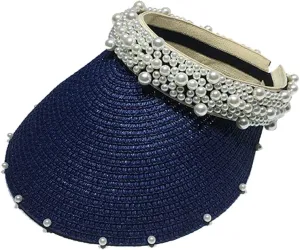 Women Pearl Straw Visor Hat Summer Wide Brim Sun Protection Beach Hat Travel Accessories